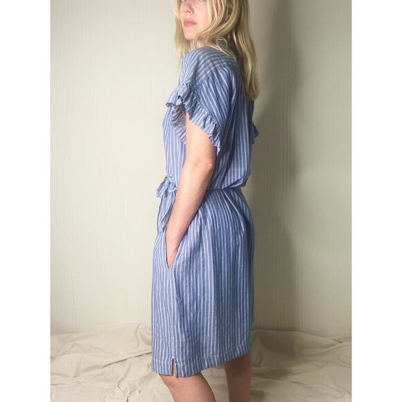 ISABELLA SINCLAIR Chambray Pinstripe Flutter Sleeve Mini Cotton Dress US LARGE - Picture 6 of 16